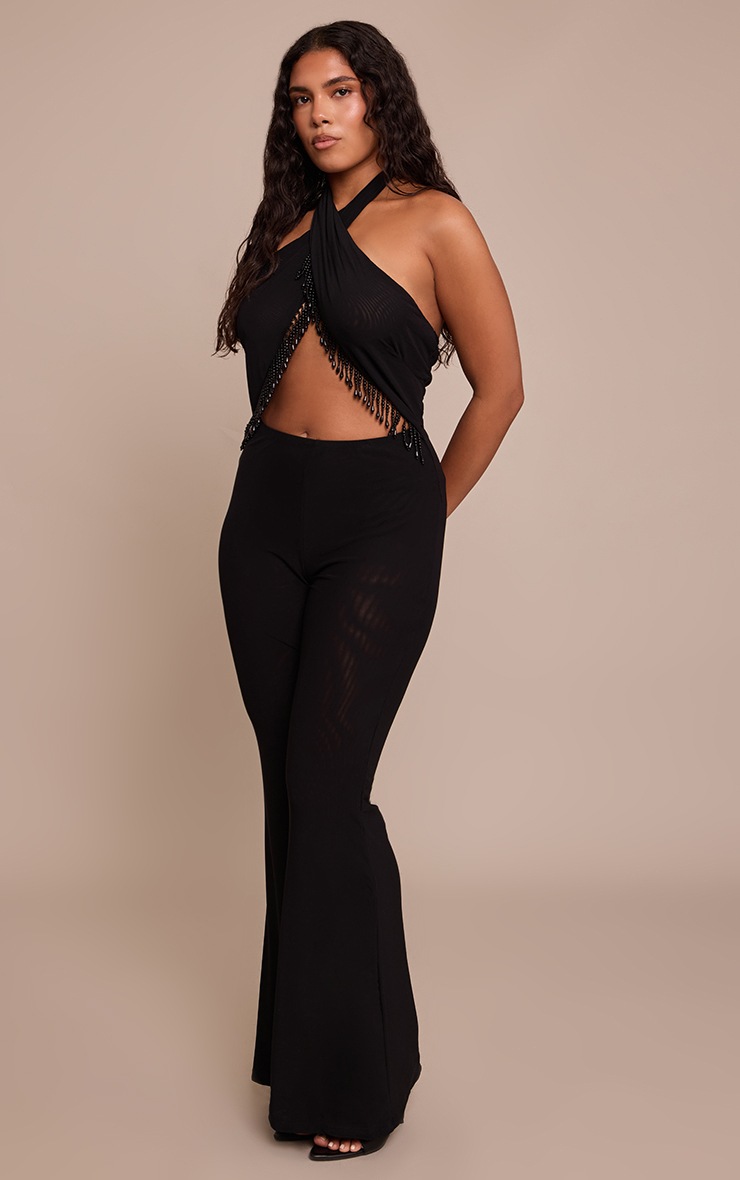 Pretty Little Thing Shape Black Halter Neck Beaded Trim Flared Jumpsuit