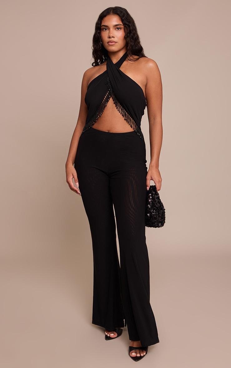 Pretty Little Thing Shape Black Halter Neck Beaded Trim Flared Jumpsuit