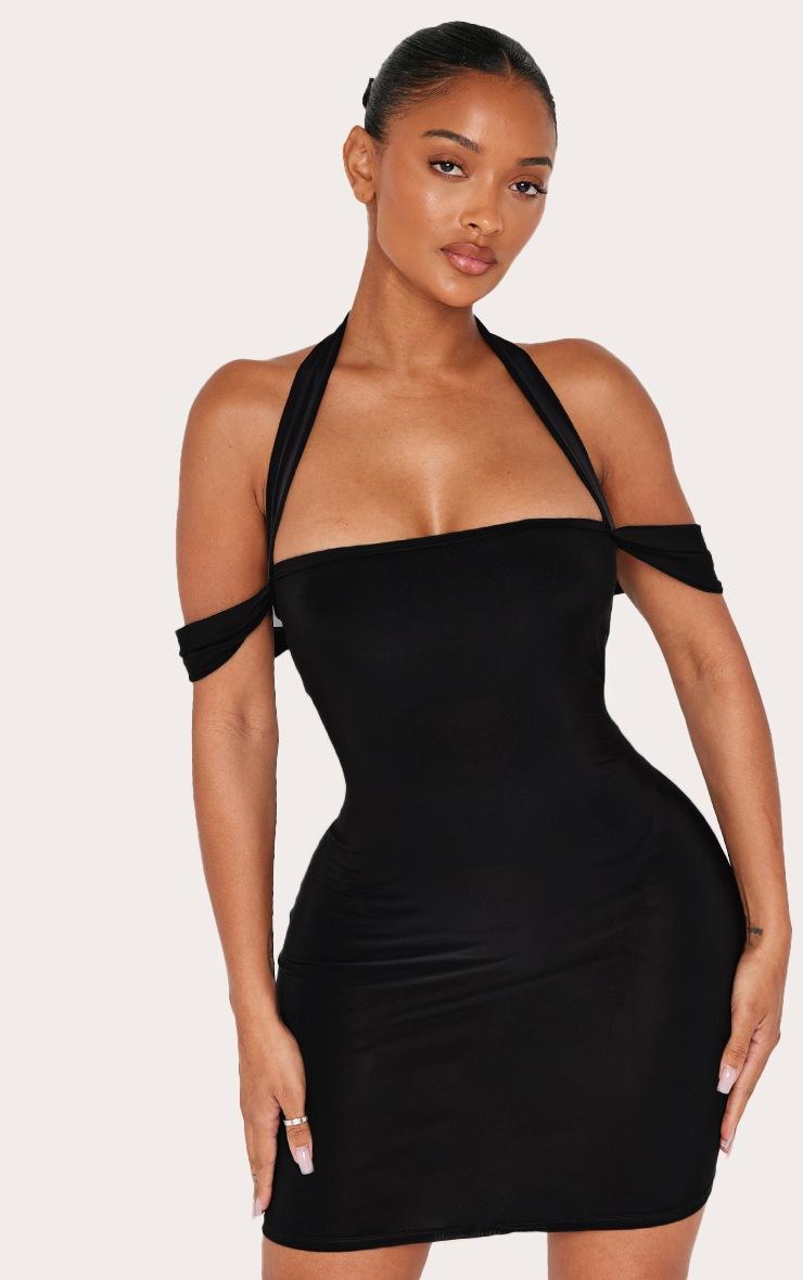 Pretty Little Thing Shape Black Halter Neck Straight Neck Mini Dress