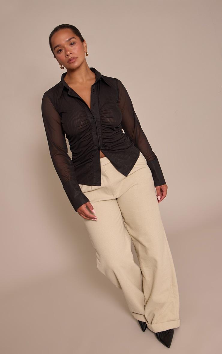 Pretty Little Thing Shape Black Mesh Ruched Fitted Shirt