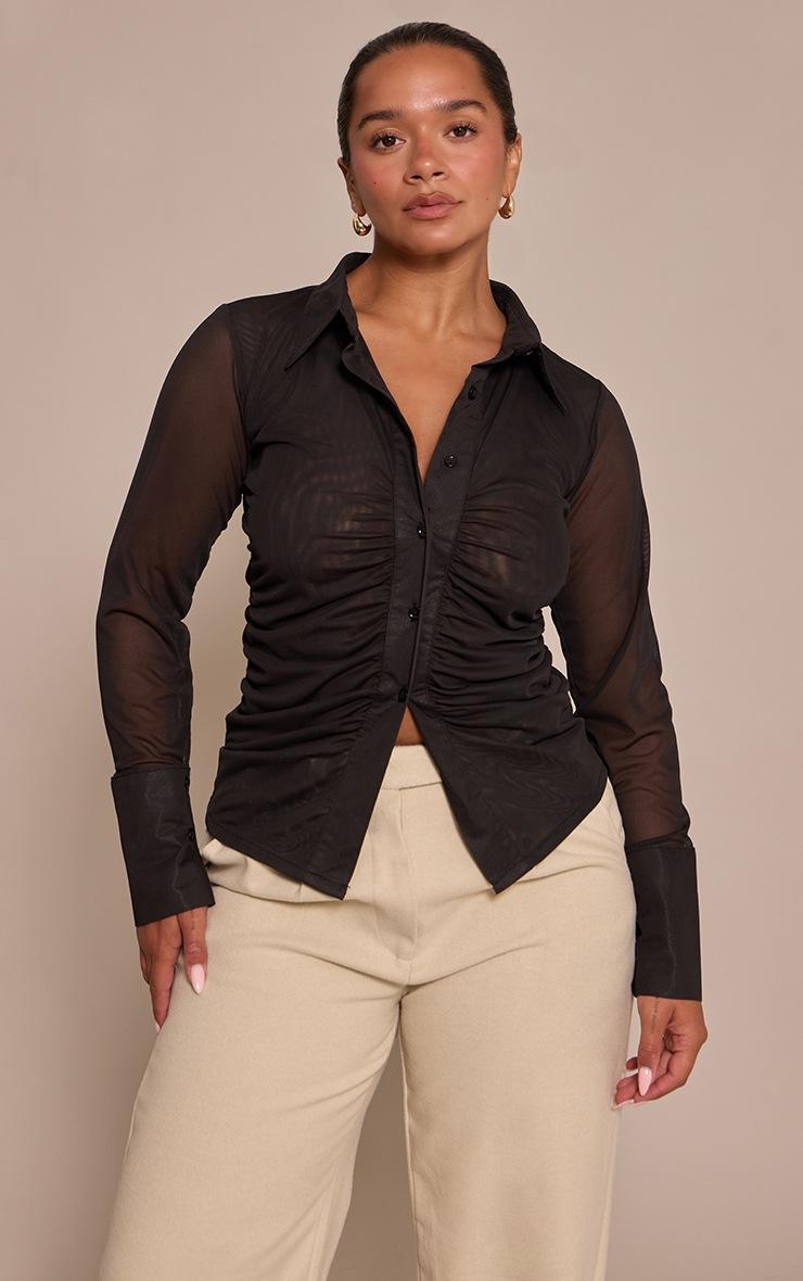 Pretty Little Thing Shape Black Mesh Ruched Fitted Shirt