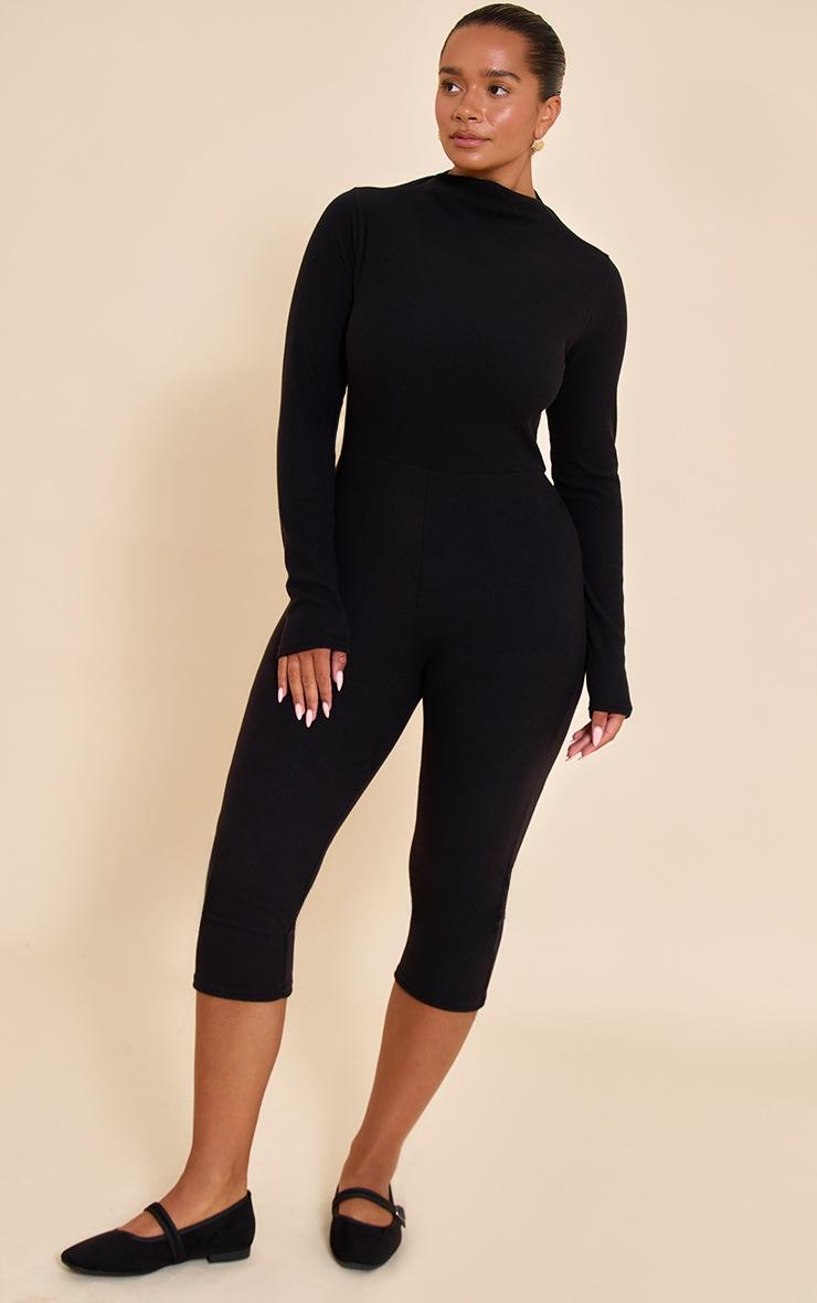 Pretty Little Thing Shape Black Micro Rib High Neck Capri Jumpsuit