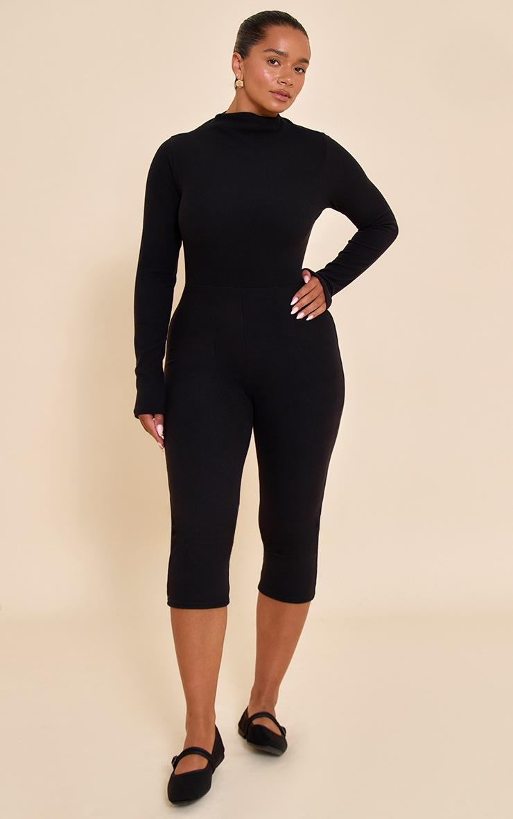Pretty Little Thing Shape Black Micro Rib High Neck Capri Jumpsuit