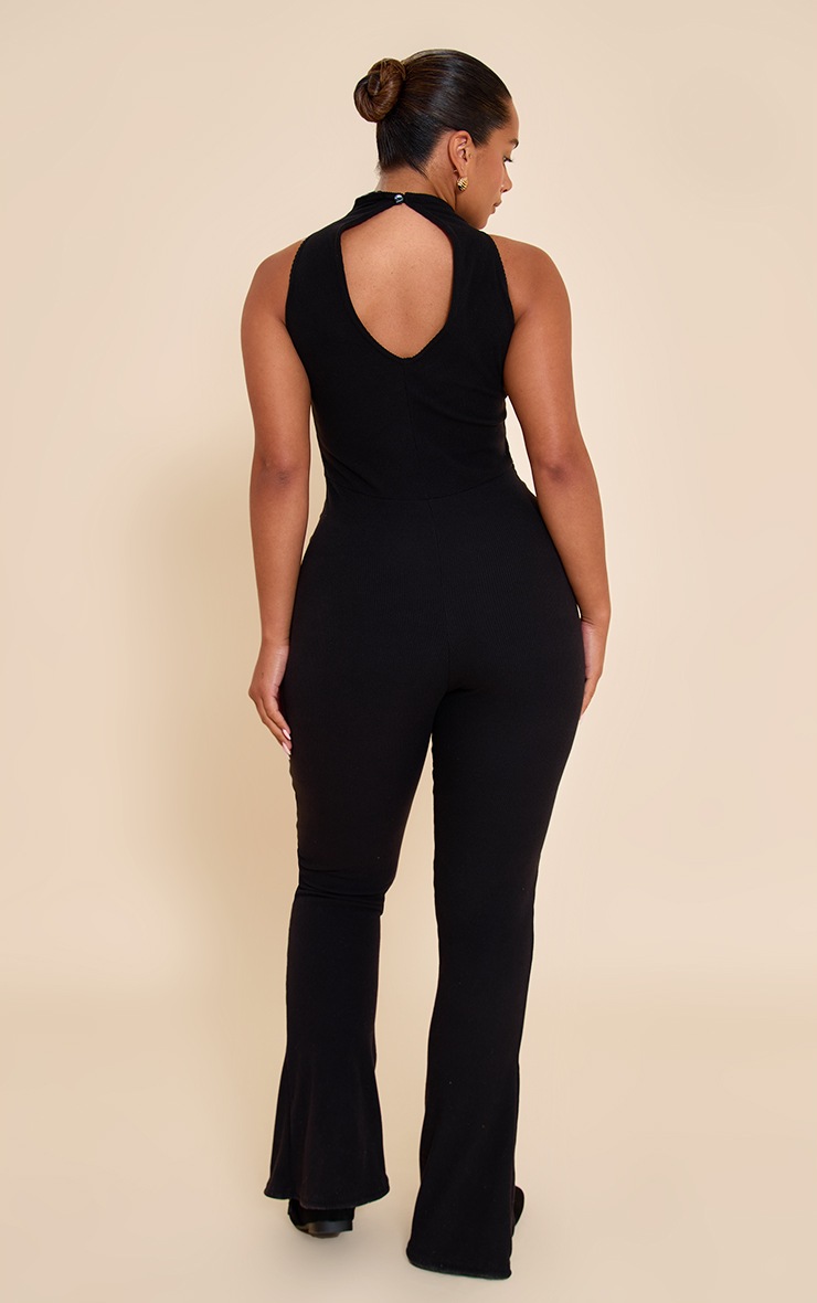 Pretty Little Thing Shape Black Micro Rib High Neck Flared Jumpsuit