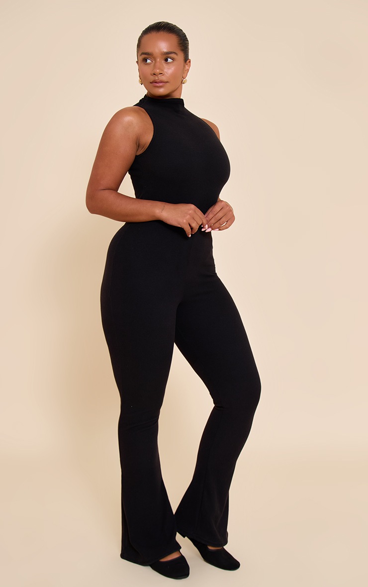 Pretty Little Thing Shape Black Micro Rib High Neck Flared Jumpsuit