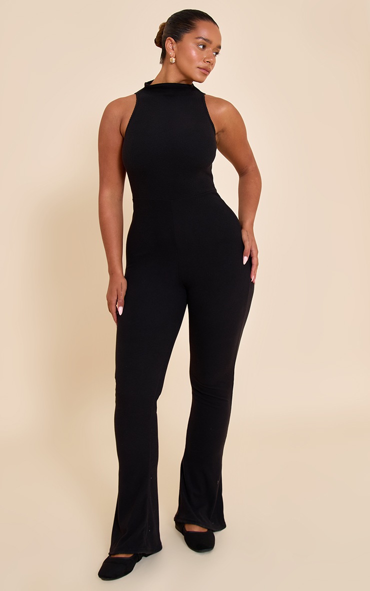 Pretty Little Thing Shape Black Micro Rib High Neck Flared Jumpsuit