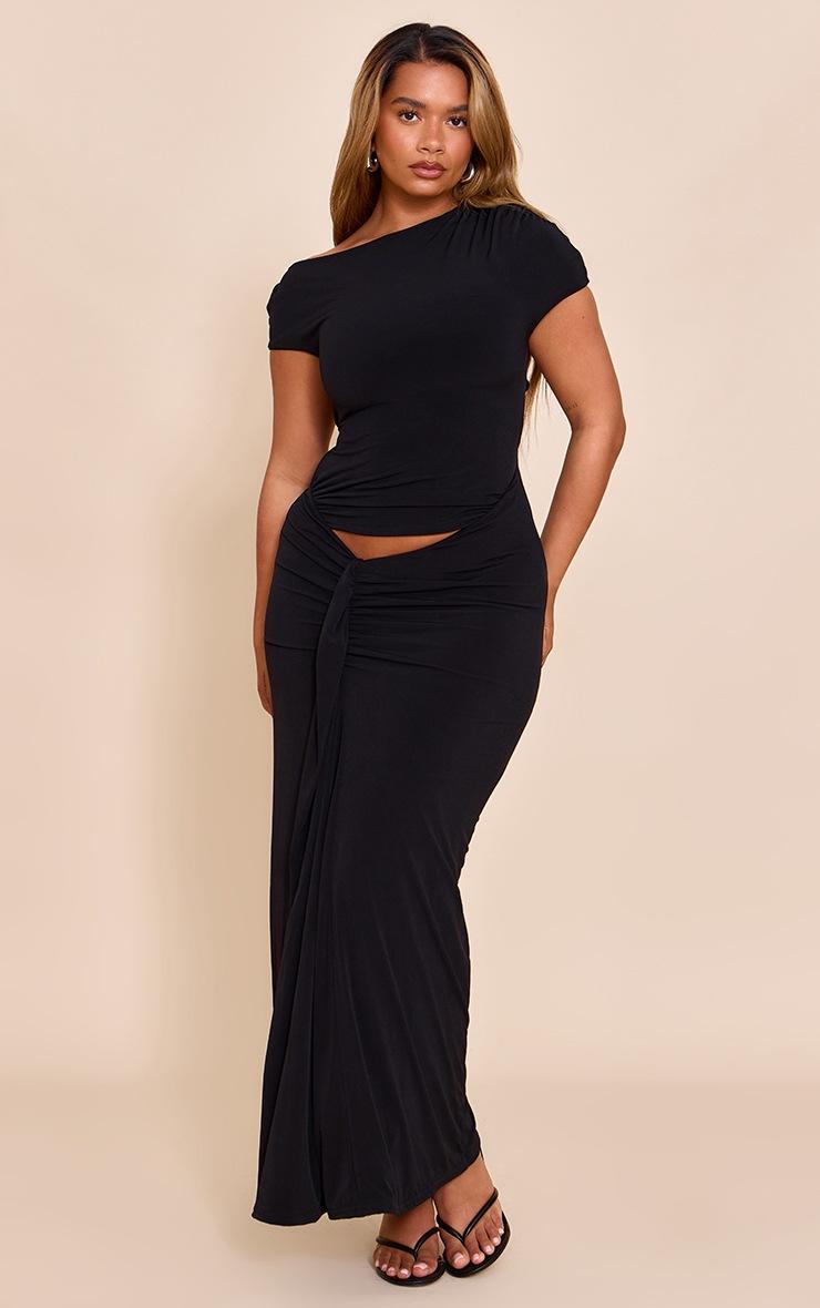 Pretty Little Thing Shape Black Off Shoulder Lace Up Back Drape Detail Maxi Dress