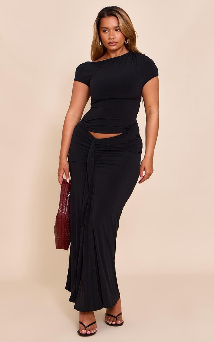 Pretty Little Thing Shape Black Off Shoulder Lace Up Back Drape Detail Maxi Dress