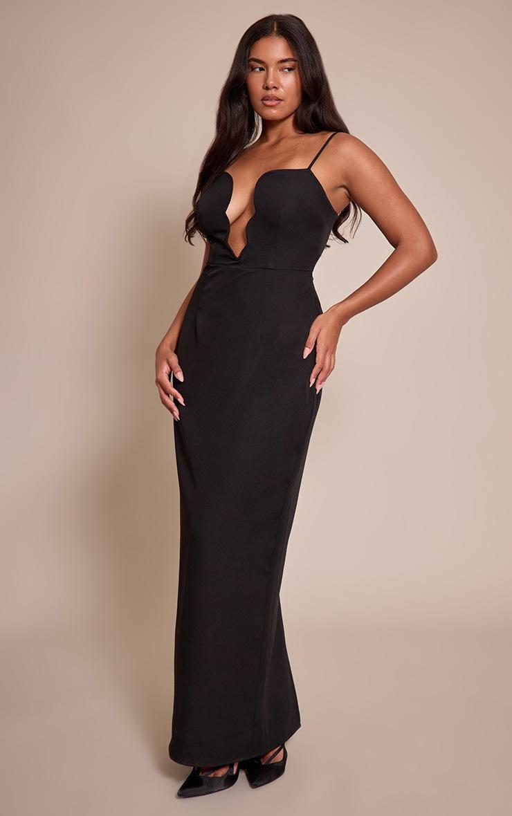 Pretty Little Thing Shape Black Plunge Wave Trim Maxi Dress