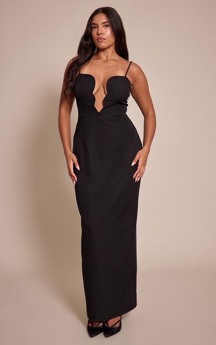 Pretty Little Thing Shape Black Plunge Wave Trim Maxi Dress