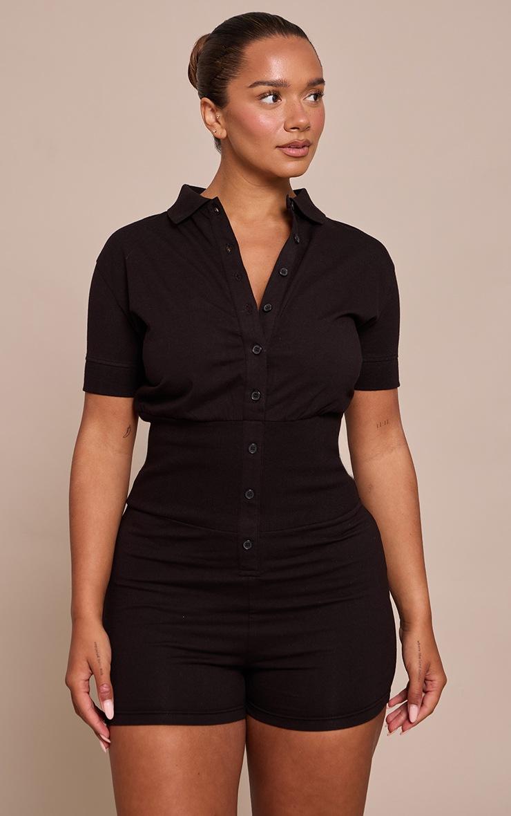 Pretty Little Thing Shape BLACK Polo Button Front Cinched Waist Romper