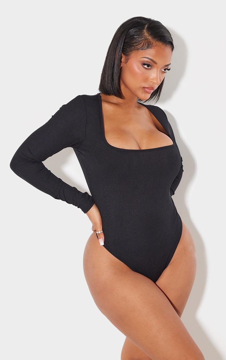 Pretty Little Thing Shape Black Rib Long Sleeve Square Neck Bodysuit