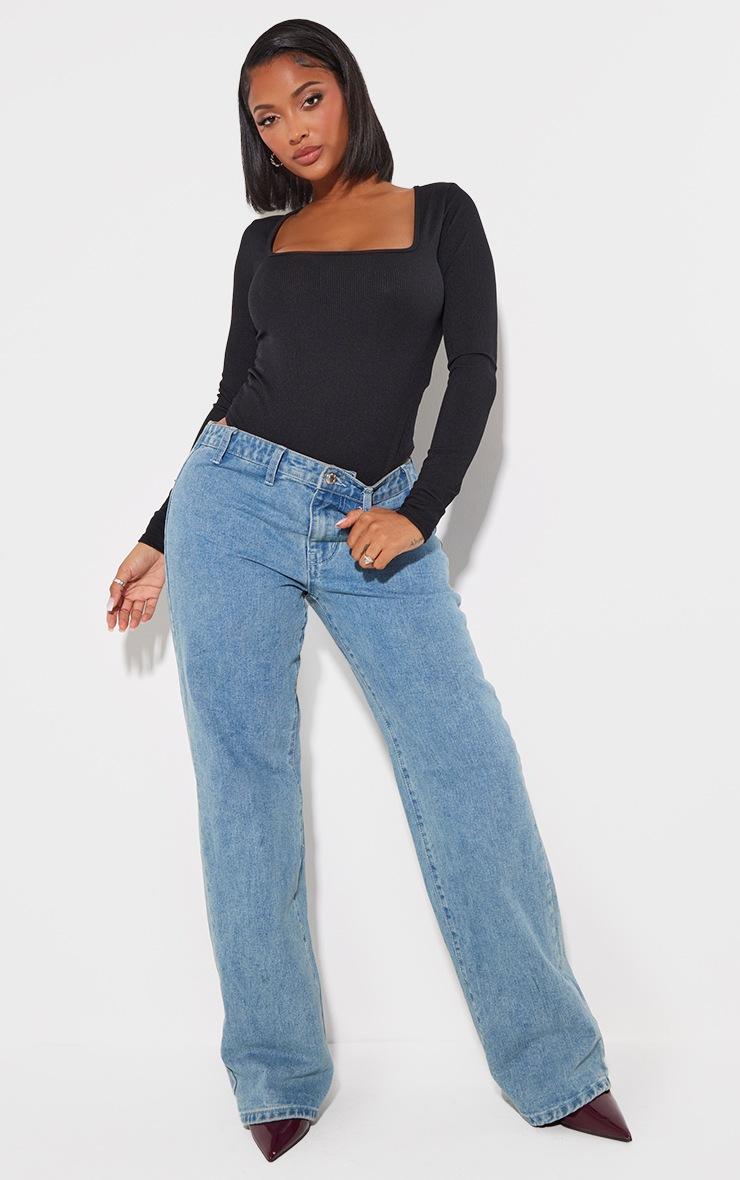 Pretty Little Thing Shape Black Rib Long Sleeve Square Neck Bodysuit