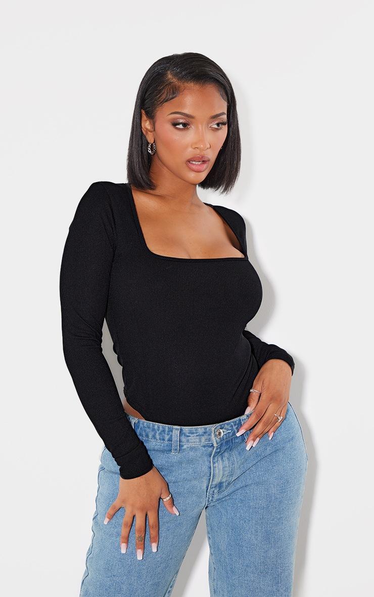 Pretty Little Thing Shape Black Rib Long Sleeve Square Neck Bodysuit