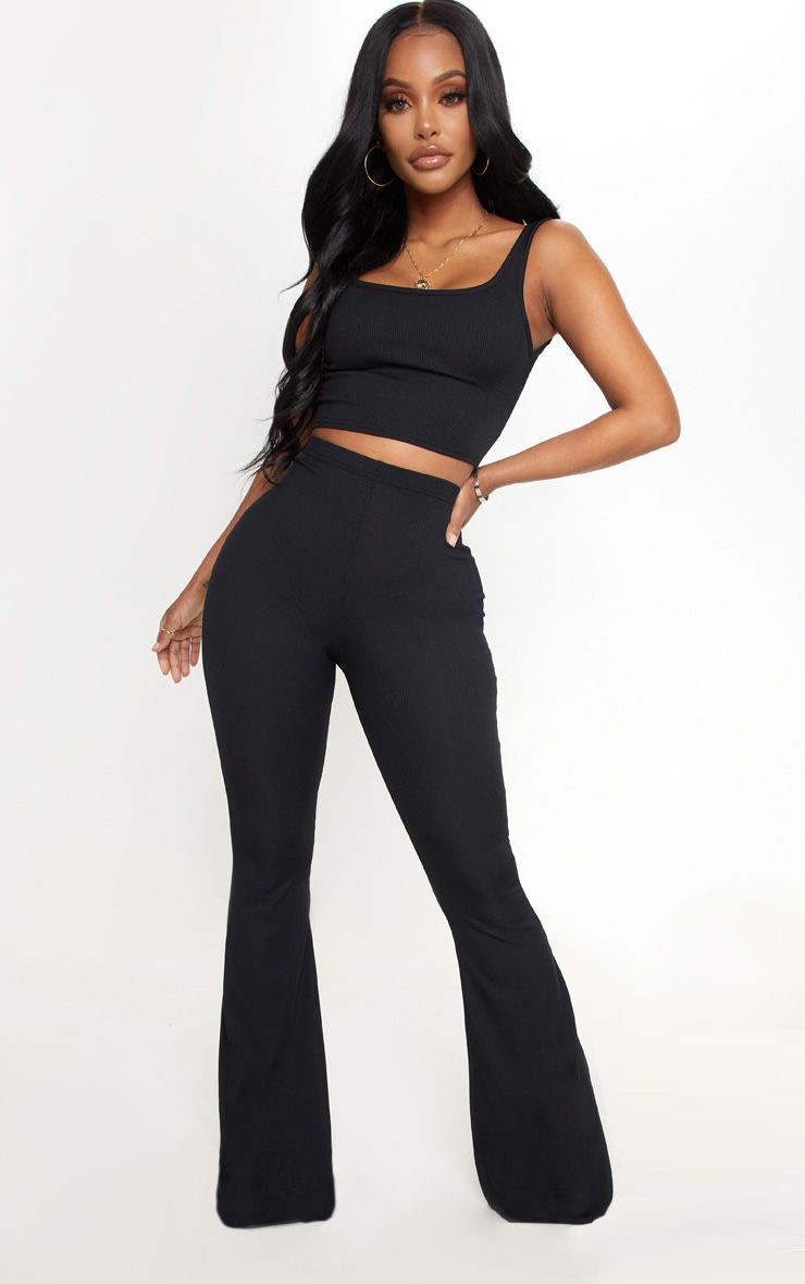 Pretty Little Thing Shape Black Ribbed Flared Trousers