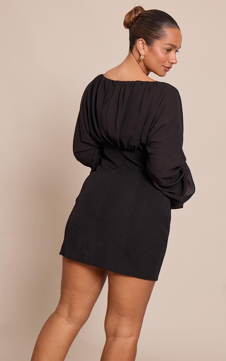 Pretty Little Thing Shape Black Ruched Chiffon Boat Neck Mini Dress