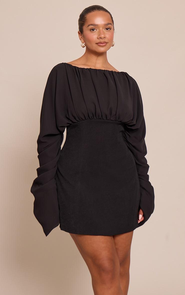 Pretty Little Thing Shape Black Ruched Chiffon Boat Neck Mini Dress