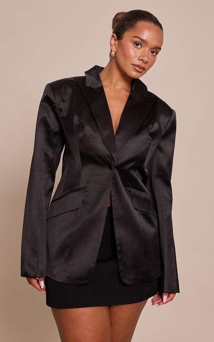 Pretty Little Thing Shape Black Satin Fitted Blazer