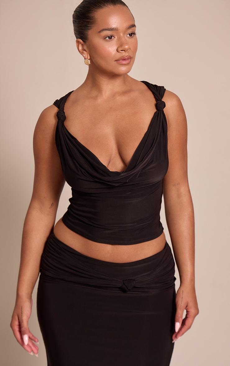 Pretty Little Thing Shape Black Slinky Knot Detail Cowl Neck Top