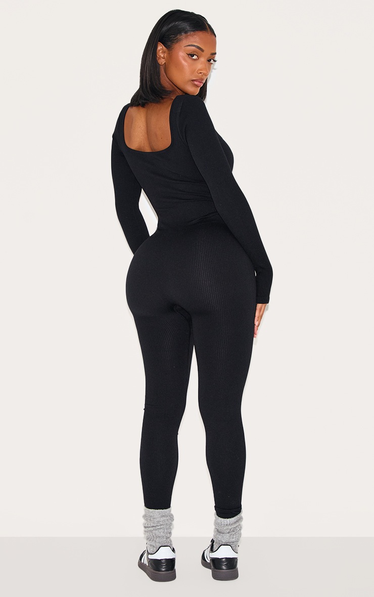 Pretty Little Thing Shape Black Snatched Rib Square Neck Thumb Hole Jumpsuit