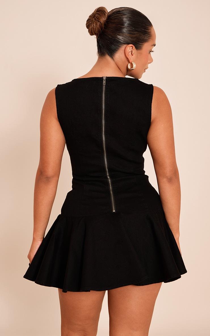 Pretty Little Thing Shape Black Stretch Denim Boat Neck Dropped Hem Mini Dress