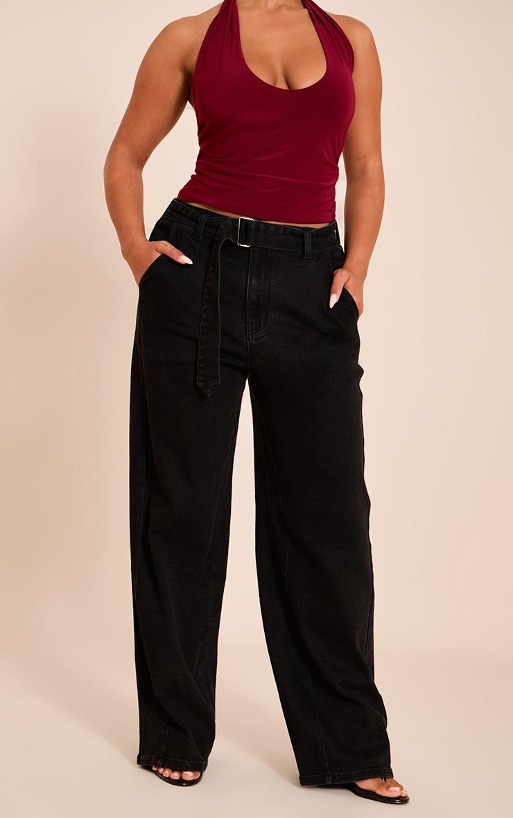 Pretty Little Thing Shape Black Stretch Denim High Waisted Belted Wide Leg Jeans