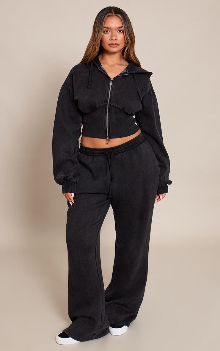 Pretty Little Thing Shape Black Washed Zip Front Cinched Waist Hoodie