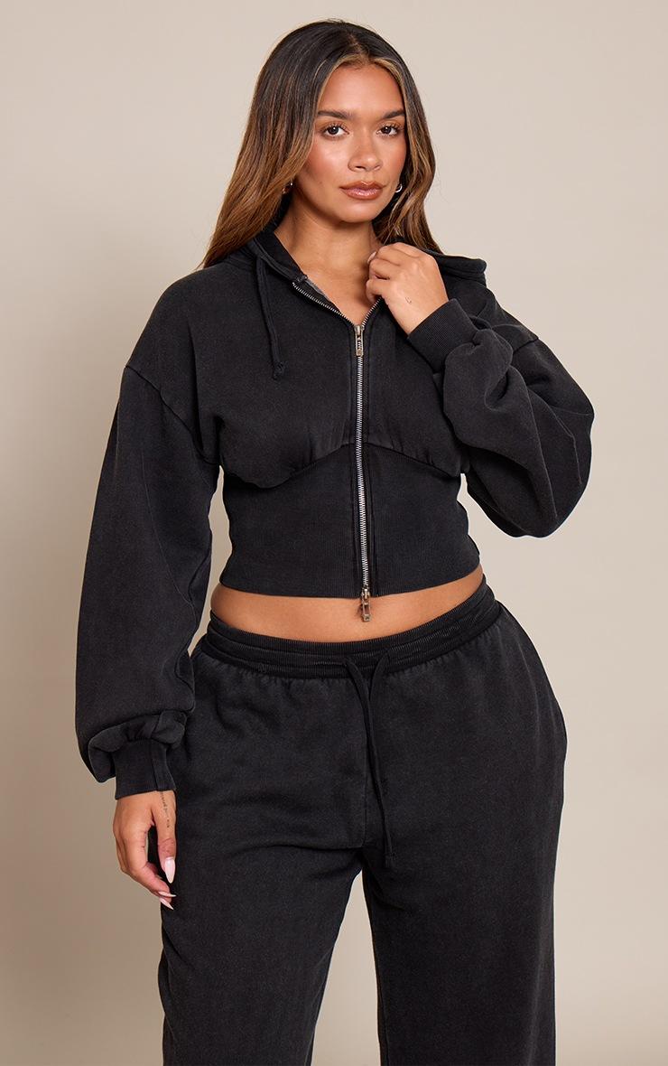 Pretty Little Thing Shape Black Washed Zip Front Cinched Waist Hoodie