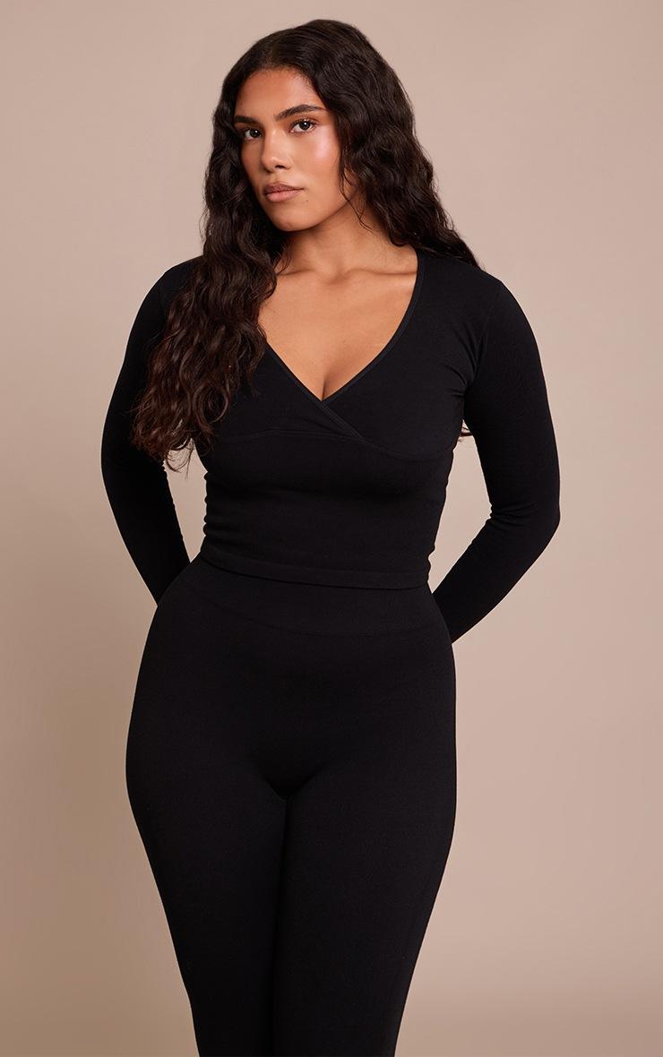 Pretty Little Thing Shape Black Wrap V Front Long Sleeve Seamless Top