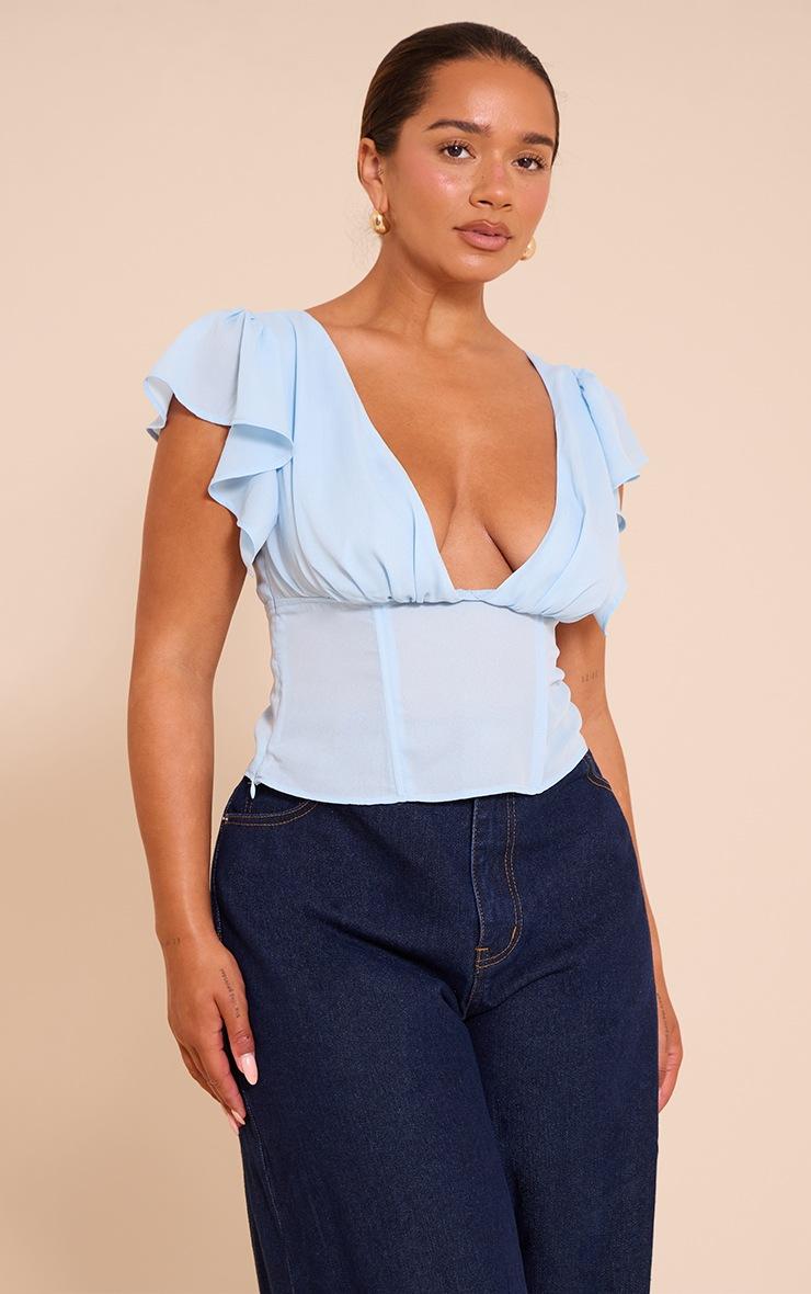 Pretty Little Thing Shape Blue Plunge Front Draspe Shoulder Blouse