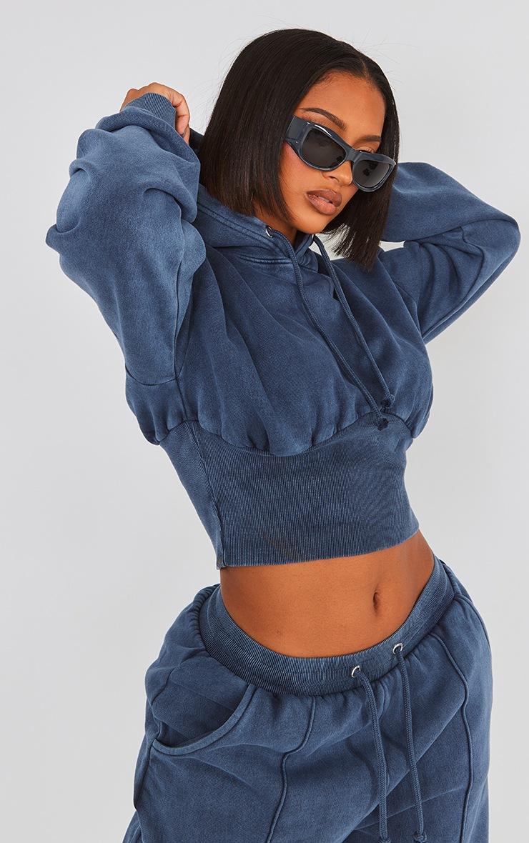 Pretty Little Thing Shape Blue Sweat Cropped Shirred Waist Hoodie