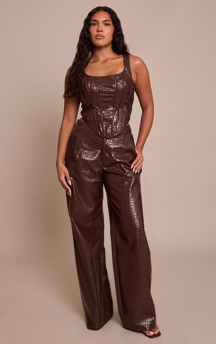 Pretty Little Thing Shape Brown Faux Leather Croc Straight Leg Pants