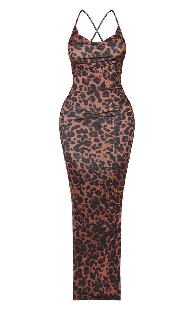 Pretty Little Thing Shape Brown Leopard Print Slinky Cowl Neck Maxi Dress