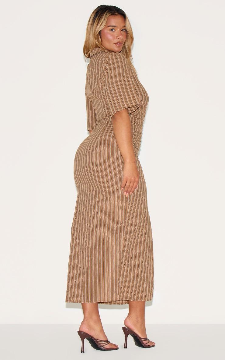 Pretty Little Thing Shape Brown Striped Ruched Front Collared Split Front Maxi Dress