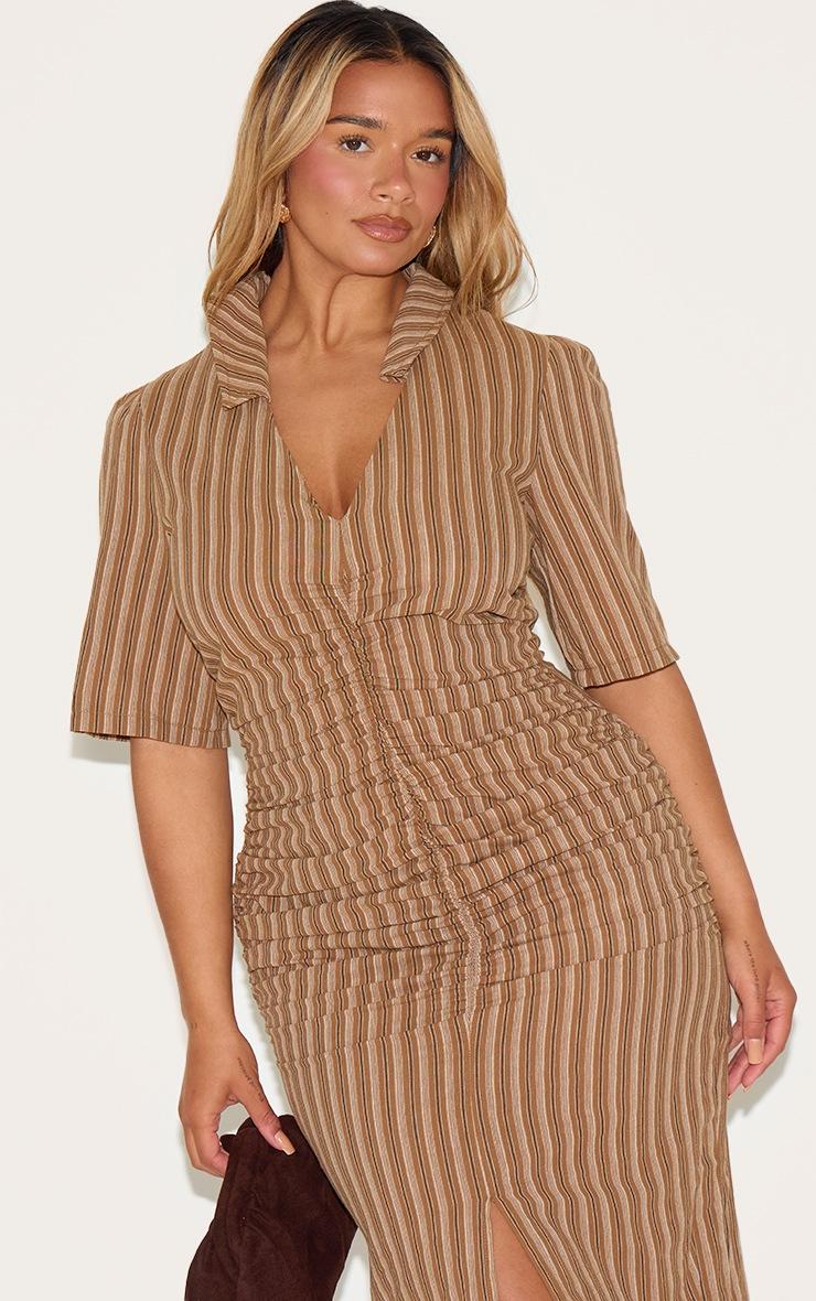 Pretty Little Thing Shape Brown Striped Ruched Front Collared Split Front Maxi Dress