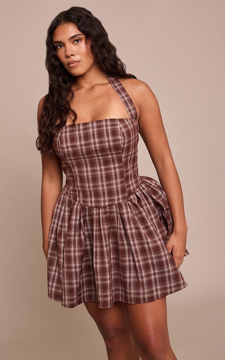 Pretty Little Thing Shape Brown Tartan Woven Bandeau Ruched Skater Mini Dress