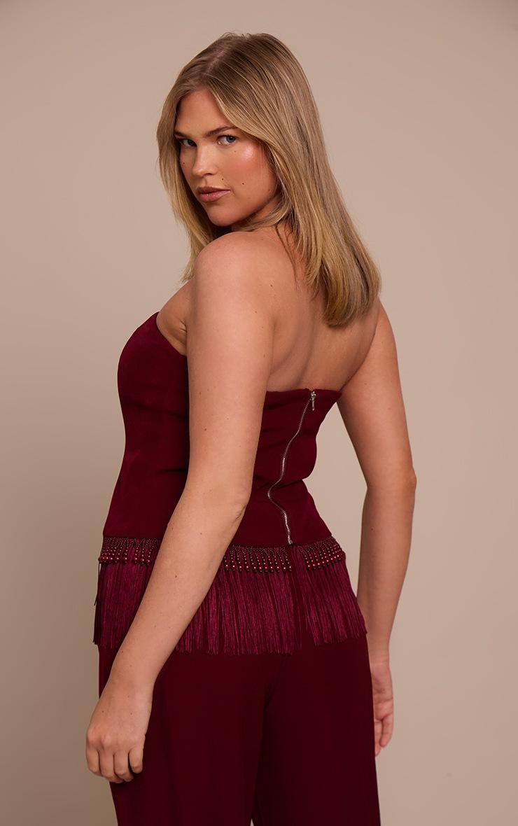 Pretty Little Thing Shape Burgundy Beaded Fringe Hem Bandeau Top