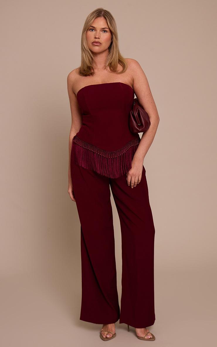 Pretty Little Thing Shape Burgundy Beaded Fringe Hem Bandeau Top