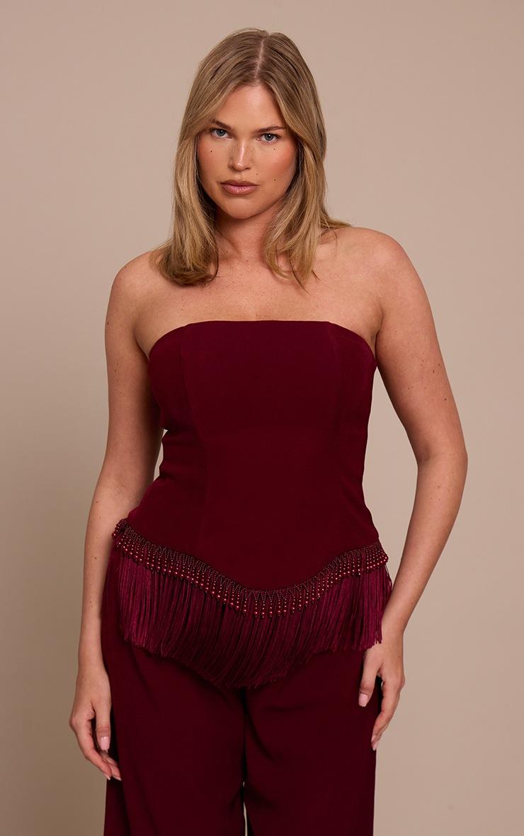 Pretty Little Thing Shape Burgundy Beaded Fringe Hem Bandeau Top