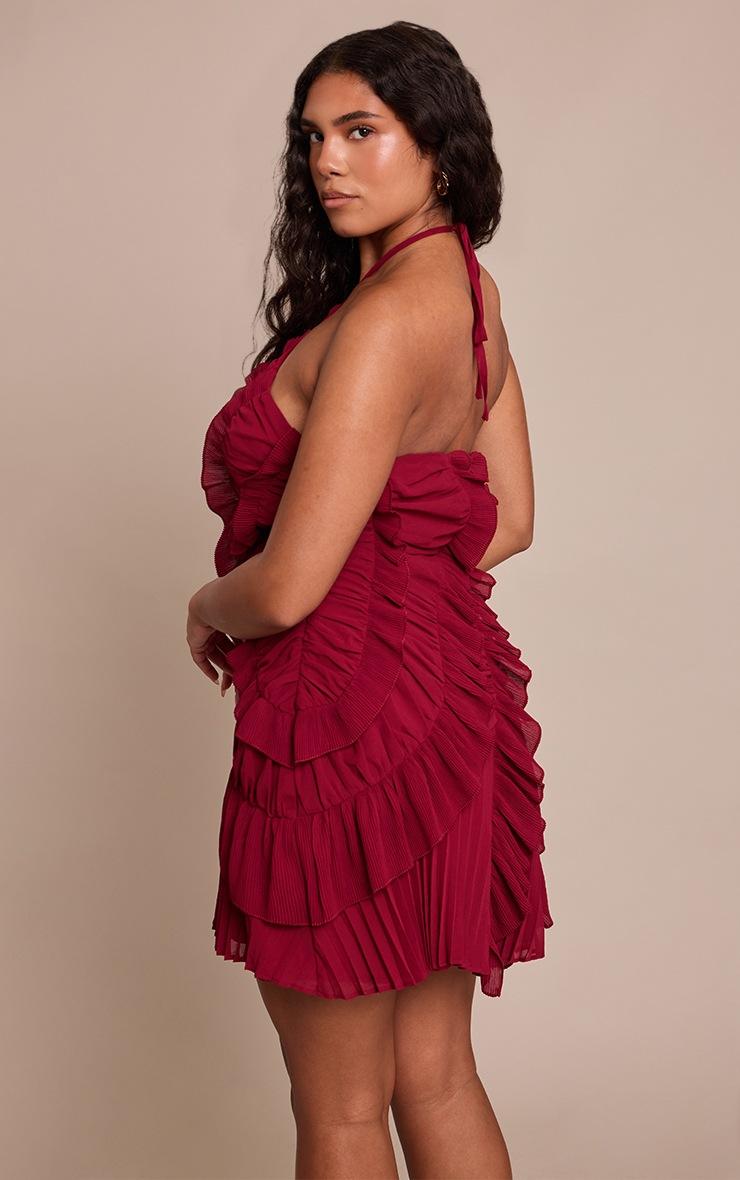 Pretty Little Thing Shape Burgundy Chiffon Textured Frill Halter Neck Mini Dress