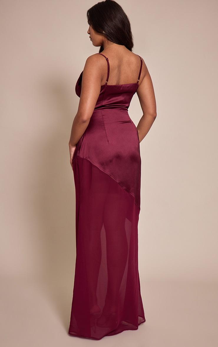 Pretty Little Thing Shape Burgundy Cowl Neck Satin Dropped Hem Chiffon Maxi Dress