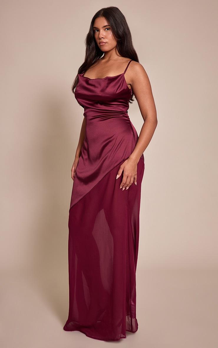 Pretty Little Thing Shape Burgundy Cowl Neck Satin Dropped Hem Chiffon Maxi Dress