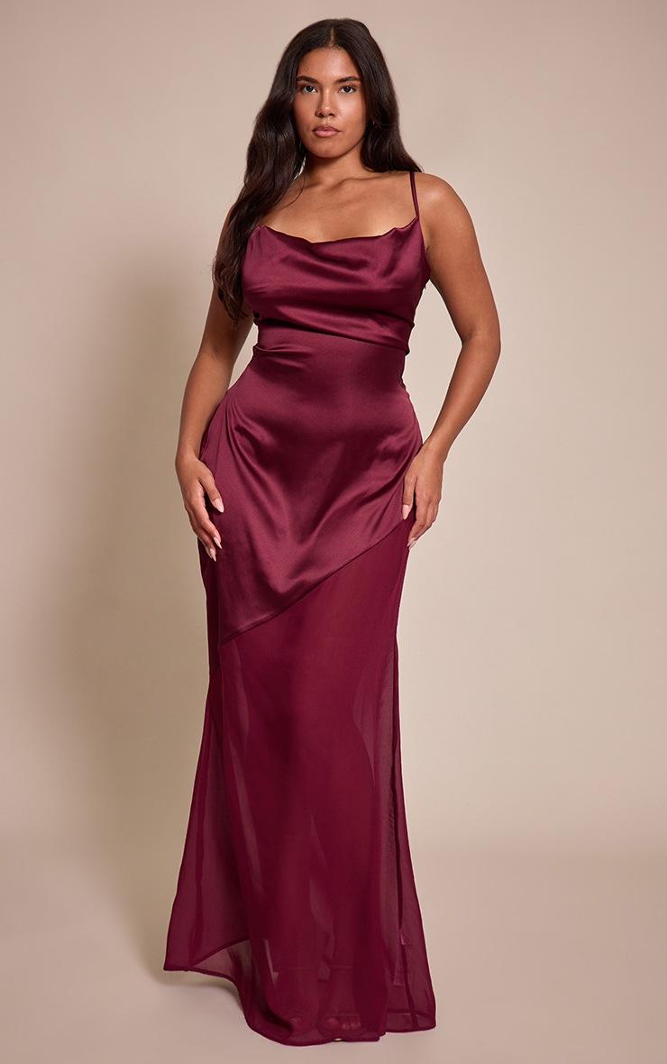 Pretty Little Thing Shape Burgundy Cowl Neck Satin Dropped Hem Chiffon Maxi Dress