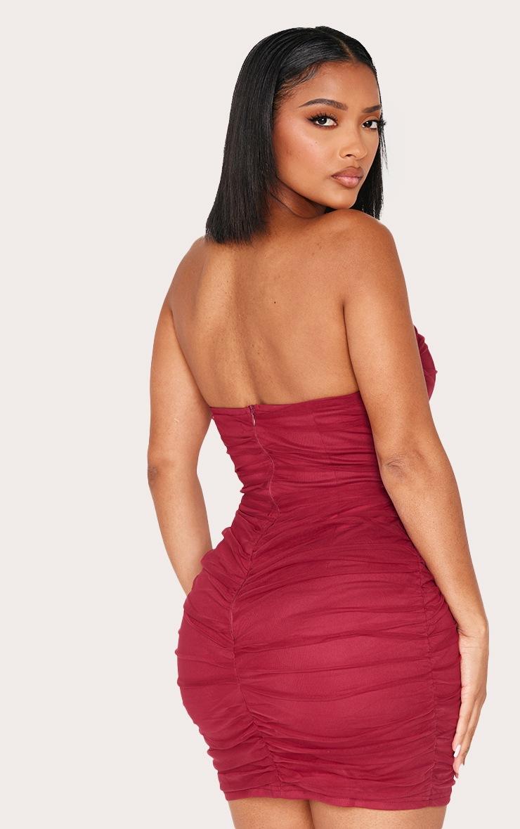 Pretty Little Thing Shape Burgundy Mesh Corseted Detail Ruched Bodycon Dress