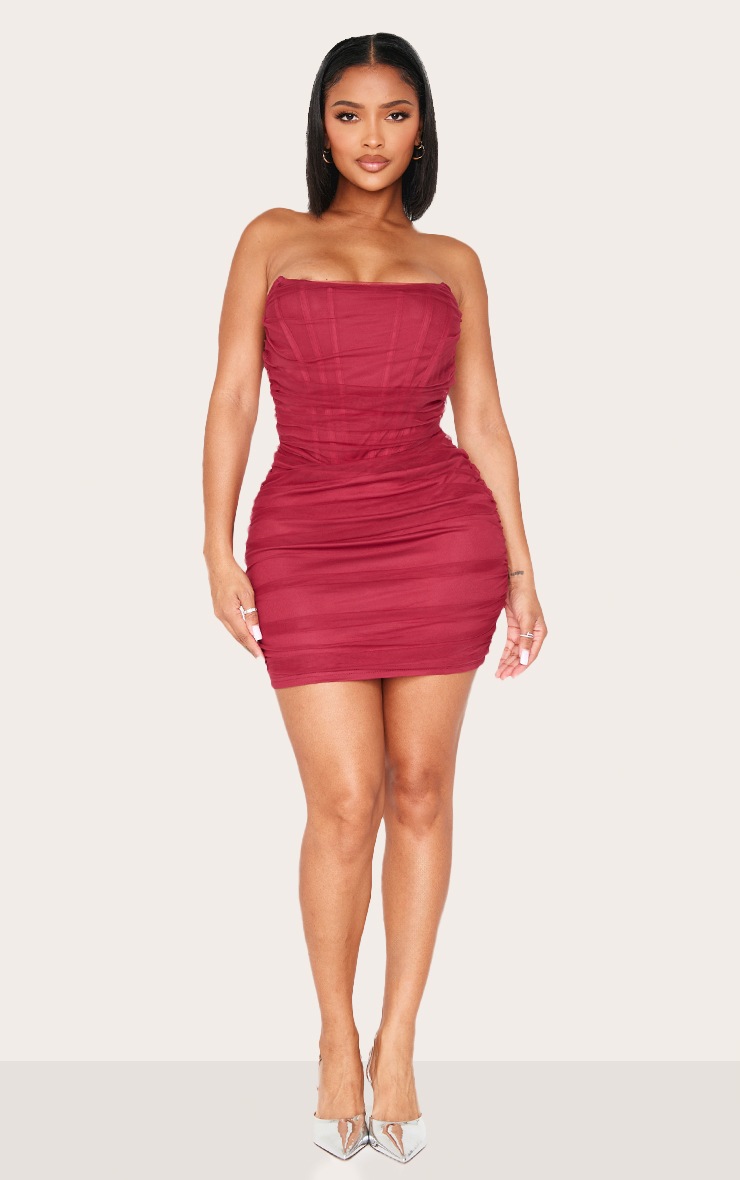 Pretty Little Thing Shape Burgundy Mesh Corseted Detail Ruched Bodycon Dress