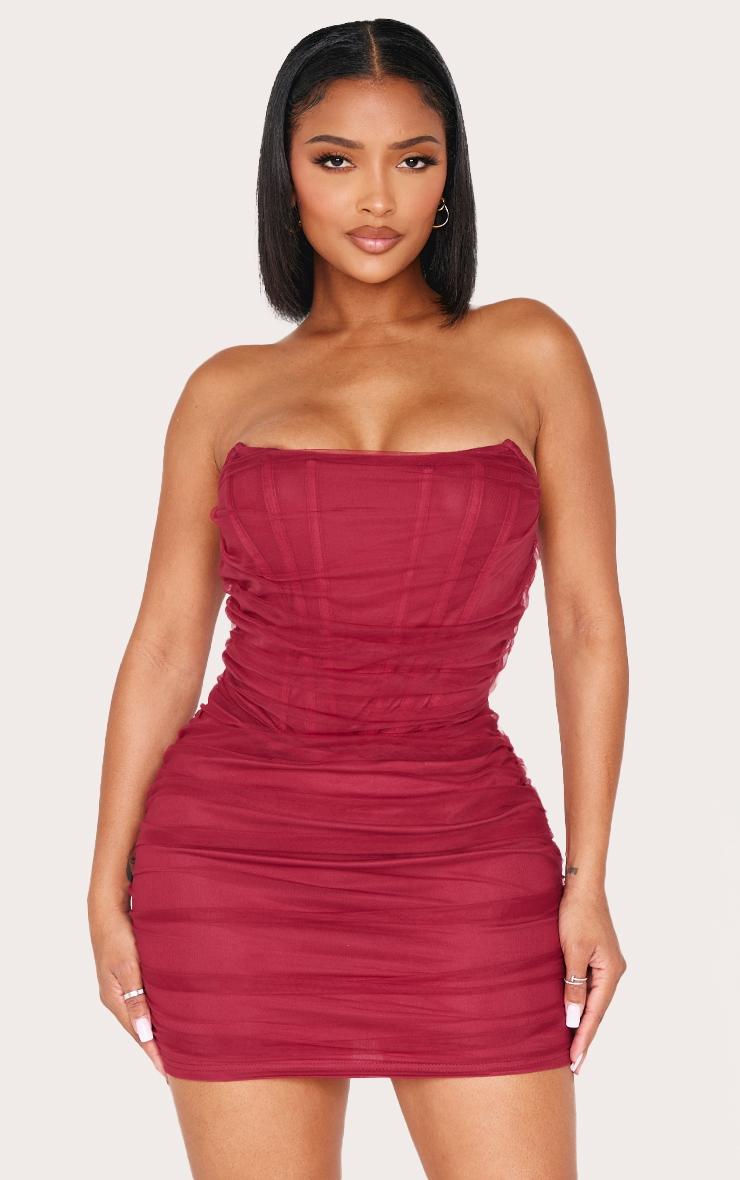 Pretty Little Thing Shape Burgundy Mesh Corseted Detail Ruched Bodycon Dress