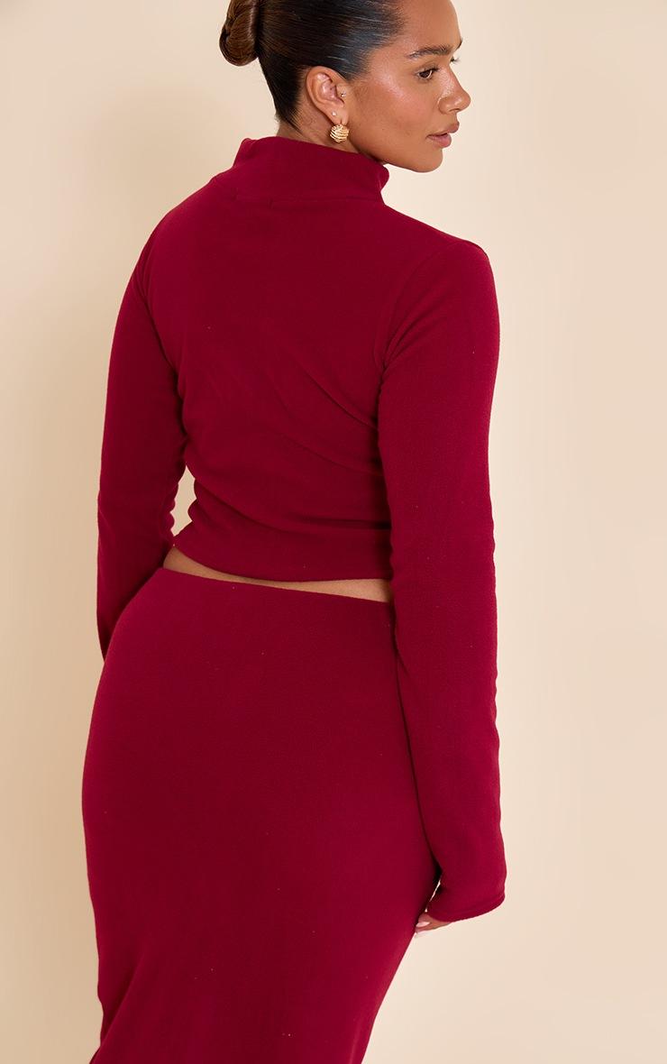 Pretty Little Thing Shape Burgundy Micro Rib Long Sleeve Polo Top