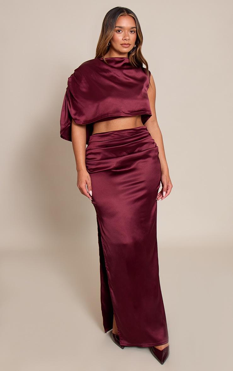 Pretty Little Thing Shape Burgundy Satin Drape Maxi Skirt