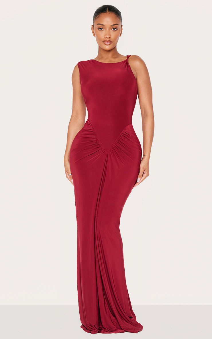 Pretty Little Thing Shape Burgundy Sleeveless Ruched V Waist Maxi Dress