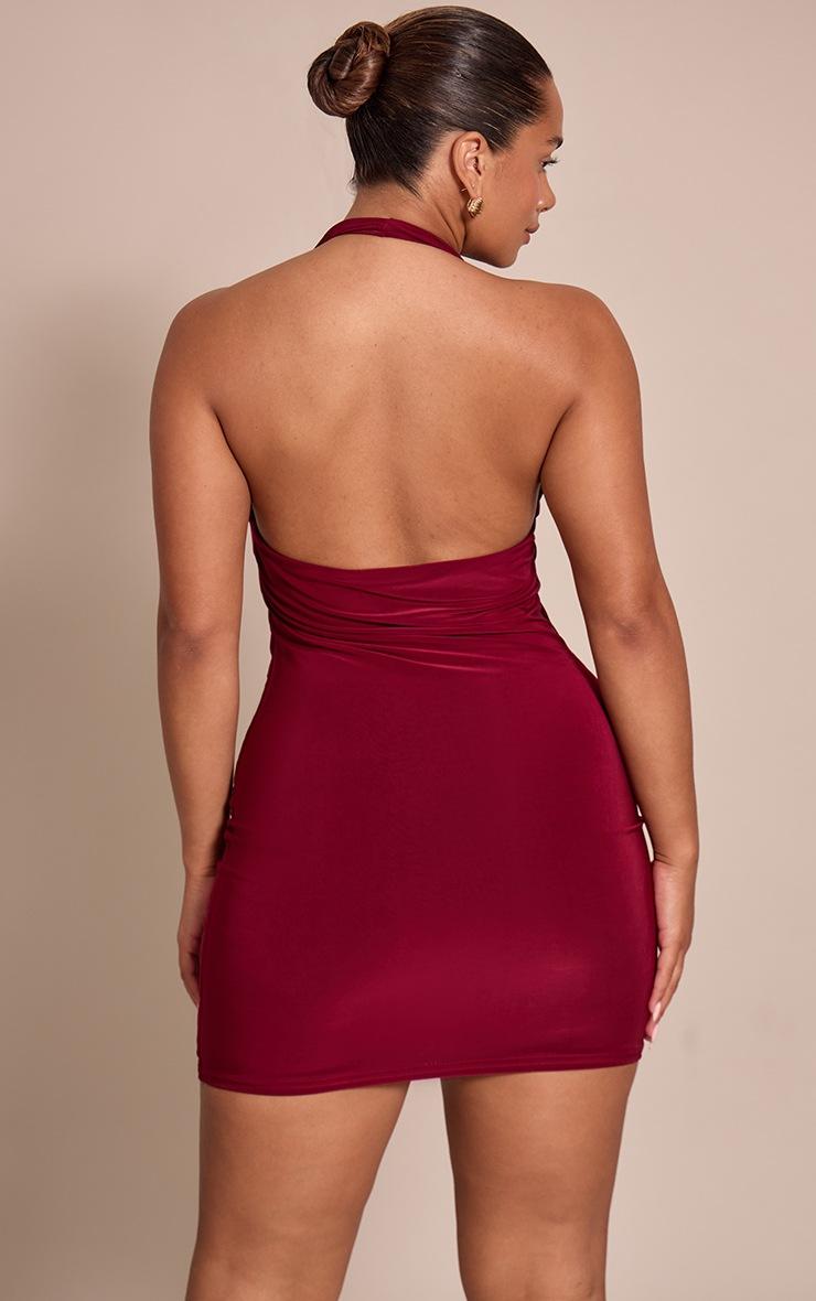 Pretty Little Thing Shape Burgundy Slinky Halterneck Mini Dress